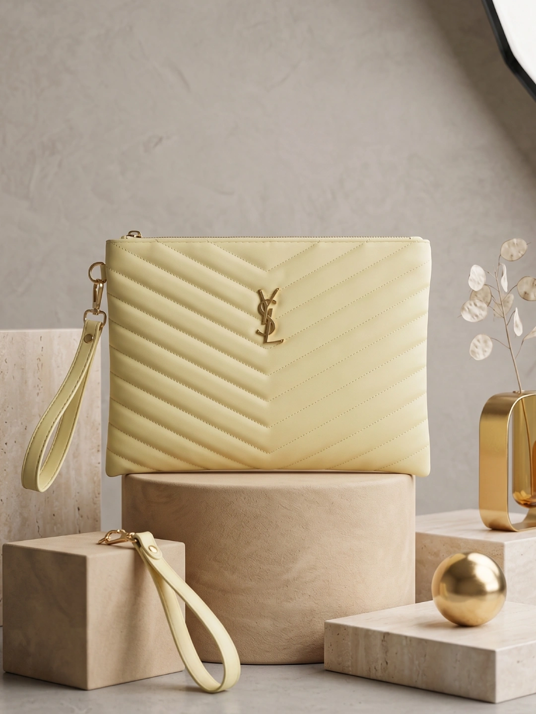 Sarı V Desenli Kapitone Bilekten Askılı Clutch Çanta