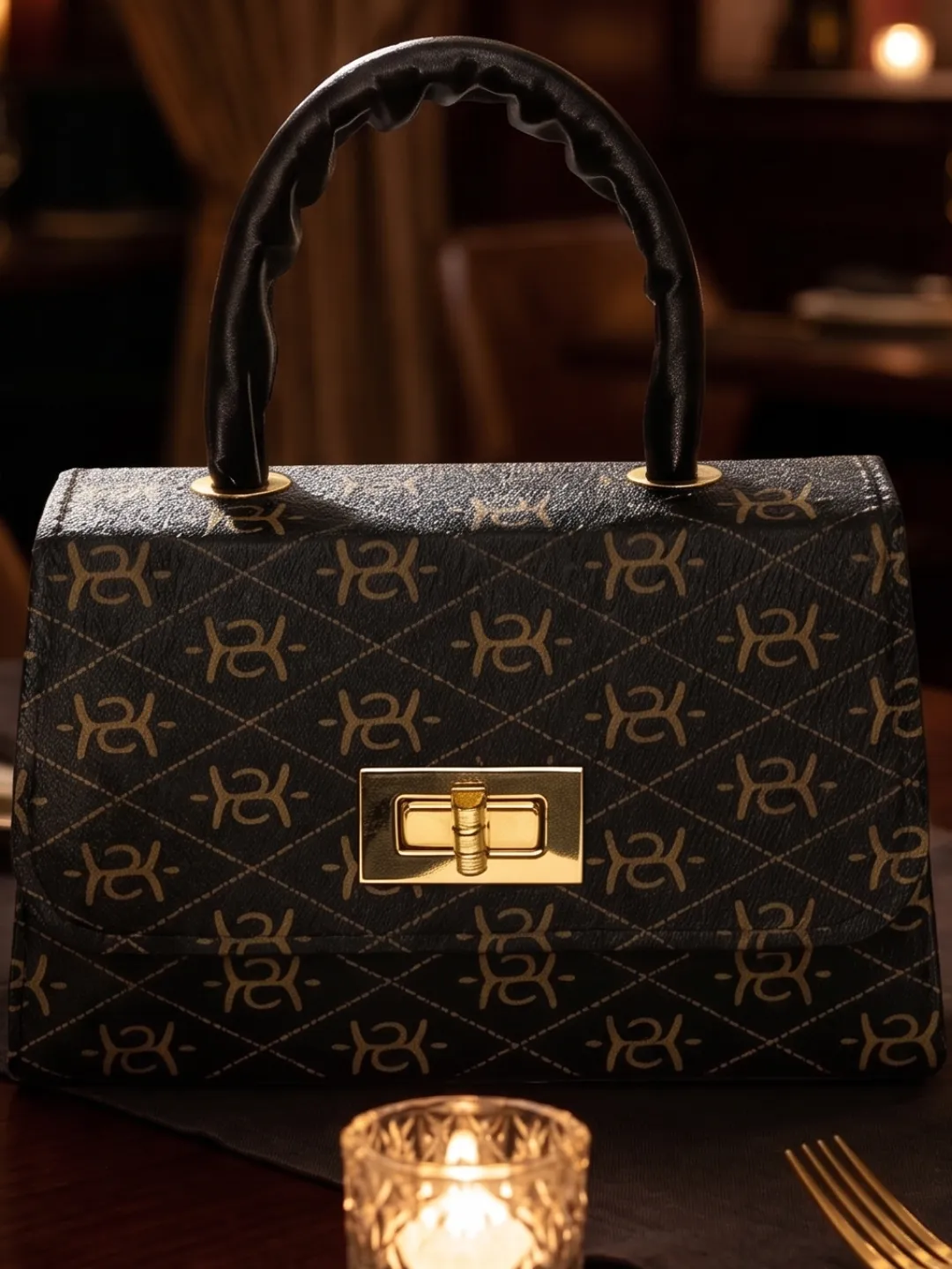 Siyah Monogram Desenli Saplı Mini El Çantası - Görsel 2